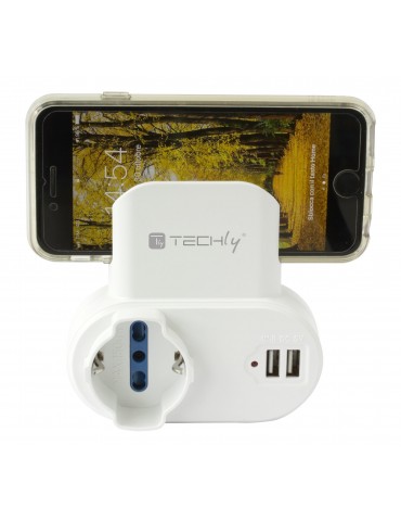 Techly Adattatore Presa bipasso/Schuko 2 USB 1A con porta telefono